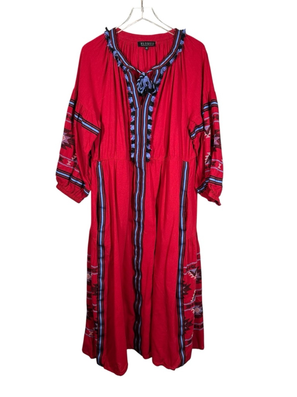 Eloquii Women's Plus Size 14 Red Maxi Dress with Blue Accent Trim & Embroidery - Picture 2 of 9